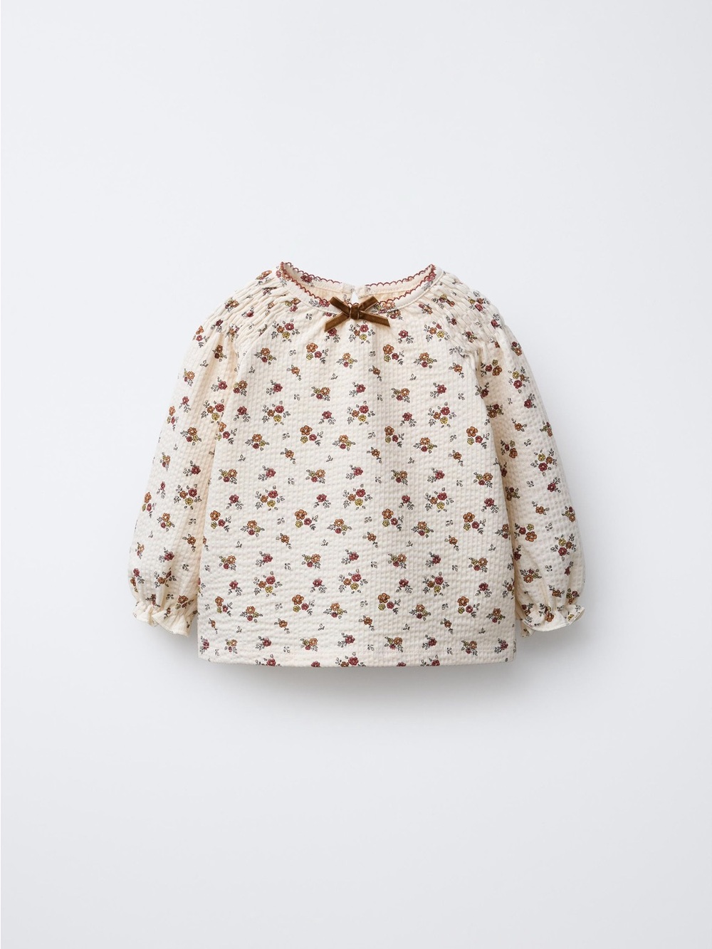 Zara Cream Floral Long-Sleeve Blouse with Bow